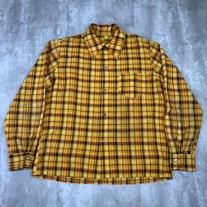 Vintage Button Up Shirt Mens Large Yellow Plaid Long Sleeve Chain Stitch 50s 60s